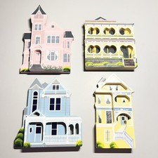 Vintage Shelia's Collectibles Lot of 4 Painted Ladies Wooden House Shelf Sitters picture