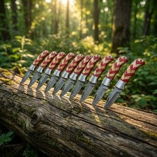LOT OF 15 PCS Handmade Damascus Steel Folding Knives, Pocket Knives With Sheaths picture