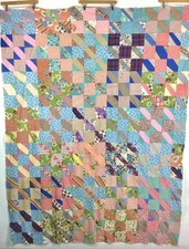 vtg 40S 50S NINE PATCH JACOBS LADDER PATCHWORK FEEDSACK FABRIC QUILT TOP picture