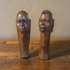Vintage Pair of African Hand Carved Wood Tribal Head Sculptures Signed Daniel 5
