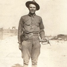c1910s WWI Era US Army Bugler Soldier Campaign Hat Snapshot Photo Holster Horn picture