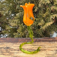 Orange Glass Rose Figurine on Stand Hand Blown Art Glass Flower Desk Decor picture