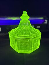 Uranium Vaseline Glass Candy Dish With Lid Vintage  Design On Sides picture