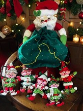 Vintage Bucilla Felt Applique Santa Claus With 5 Elf Christmas Ornaments picture