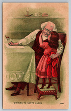 Vintage Postcard Little Girl Old Man Writing Letter to Santa Claus c19110 ~7522 picture