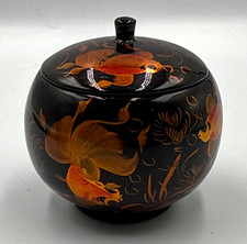 Vintage Asian Black Lacquerware Round Trinket Box Hand Painted Goldfish Koi picture