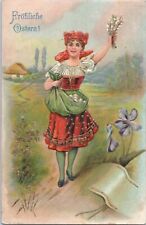 ZAYIX Happy Easter Frohliche Ostern Embossed Gold painted Pretty Girl & Eggs picture