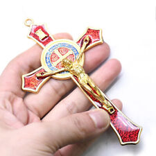 Vintage Metal Hand Hold Cross Crucifix Jesus Holy Religious Carved Christ Red picture