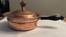 Vintage 3 Piece Copper Frying Pan Double Boiler Lid Wood Handle Saute Kitchen picture