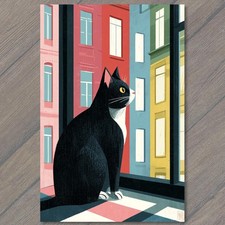 POSTCARD Black Cat Window Urban Buildings Cityscape Cozy Mood Warm Light Modern picture