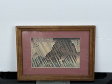 Vintage 1970s 70s Japanese Framed Artwork Art Mountain Trees Landscape Woodblock picture
