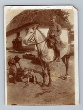 WWI Austria Hungary Soldier on Horse Back and Petting Dog & Woman Watch Photo picture