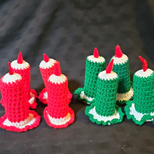8 vtg Handmade Crocheted Yarn christmas candles red green white holiday decor picture