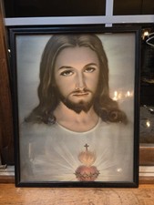 VTG Sacred Heart Of Jesus Realism Litho Wooden Frame 11.75x14.75. picture
