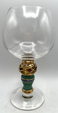 Clear Stemmed Wine Glass Goblet with Green & Gold Decorated Stem 7” High picture