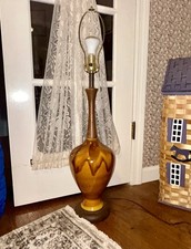 Vintage Mid Century Modern Drip Glaze Ceramic Table Lamp | MCM Walnut & Brass  picture