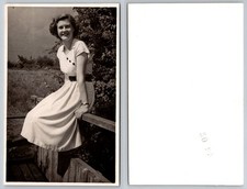 1950s RPPC Smiling Woman Striped Dress Fashion Candid Photo Postcard picture