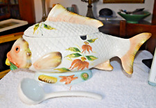 MCM Vintage Italian Majolica Fish TUREEN With Laddle Hand Painted  22