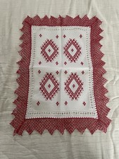 VTG 50’s Hand Embroidered Cross Stitch Linen Doily Table Runner Red Crochet Lace picture