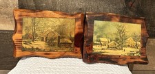 Lot of 2 Vintage Wood House Decoupage Hanging Wall Plaque With Walnut Wood picture