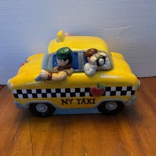 Vintage 1998 Lotus NY Taxi Ceramic Cookie Jar Yellow New York Cab 11.25