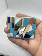 Vintage Native American Multi Stone Mosaic Inlay Belt Buckle Sterling Base picture