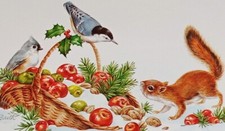 UNUSED vintage CHRISTMAS postcard, squirrel and birds sharing apples, Barth picture