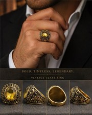 Vintage Men’s Class Ring Yellow Stone Gold Tone Intricate Design 2015 Size 9.5 picture