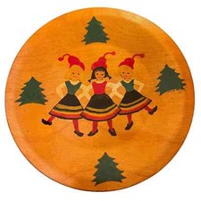 VTG Hand Painted Dutch Holiday Dancing Girls 9” Round Wooden Hanging Platter. picture