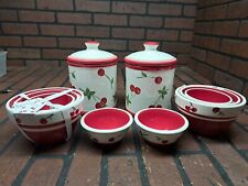 Potter's Studio Red & White Cherry Ceramic Kitchen Set Mixing Bowl Flour Pot picture