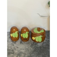 Vintage Ceramic Salt Pepper Shakers and Covered bowl  Brown, yellow flower picture
