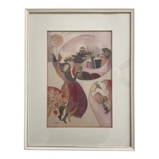 Vintage Hand Painted on Silk Israeli Art Jerusalem Biblical Scene Framed 16x21 picture