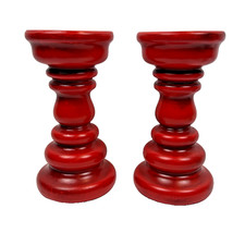 Vintage Red Ceramic Pillar Candle Holders Set 2 8 inch Pedestal Japan picture
