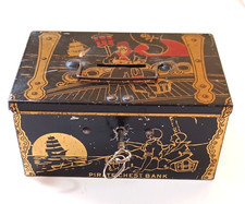 PRE-1935 TINDECO PIRATE CHEST BANK WITH ORIGINAL KEY - LITHOGRAPHED TIN MARKED picture