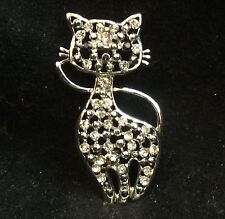 Vintage Silver Tone Clear Rhinestone Black Milk Glass Eyes  Nose Cat Brooch Pin picture