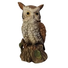 Vintage Ardco Porcelain Owl Figurine on Tree Stump Brown White 6.25