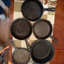 5- Vin. Cast Iron Skillets 1-8”. Lodge -1-3-5/8” 2-6-1/2 “-1-6” All Double Spout picture