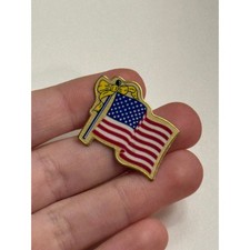 Vintage American Flag Lapel Pin Yellow Bow Union Made USA Patriotic Gold Tone picture