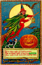 Antique Halloween Postcard Witch Broomstick Light Burning Green JOL Gel c1910 picture