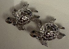 2 Vtg Monet Sea Turtles Green Eyes Movable Head Silver-Tone Brooch Lapel Pins picture