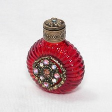 Vintage Czech Perfume Scent Bottle Red Glass w/ Rhinestone Medallion picture