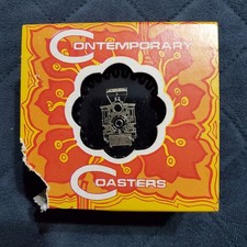 NOS Vintage Railroad Costers Set of 6 Train Contemporary Black with Holder picture
