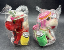 NEW OLD STOCK Vintage Flocked Dog in Cowboy Hat Fur Tail Salt and Pepper Shakers picture