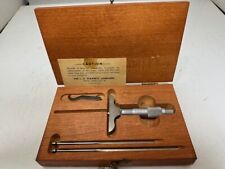VINTAGE LS STARRETT 0-3 449 DEPTH MICROMETER, Non Rotating Wooden Case, Wrenches picture
