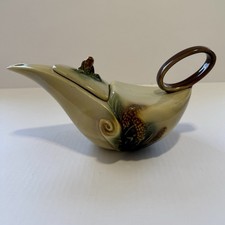 Vintage Hull Pottery Parchment & Pine Aladdin Teapot Mid Century Modern Flaw picture
