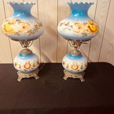 Vintage Pair of Blue Hand Painted Floral GWTW Hurricane Lamps picture