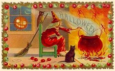 Halloween ~ Witch Stirring Up A Potion Cat and Owl Postcard COPY #19970 picture