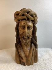 Anri Italy Vintage 80s Passion Jesus With Crown Of Thorns Wood Carved Bust 9” picture
