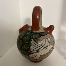 Mexico Tonala Ware Botijo Cantir WaterJug HandPainted Ferns Flowers Double Spout picture