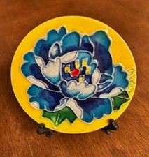 Flower hand painted porcelain art tile,round,bright colors with easel, 4 in. dia picture